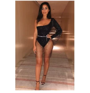 Women’s Sexy Clubwear Crystal Fishnet One Sided Fashion Dress for Night Club