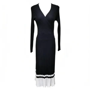 Women’s Sexy Cross V Neck Knitted Pleated Striped Long Sleeve Midi Dress