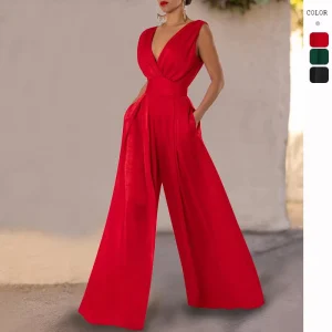 Women’s Sexy Deep V neck Sleeveless Jumpsuit High Waist Slim Fit Evening Party Wide Leg Jumpsuit with Pockets