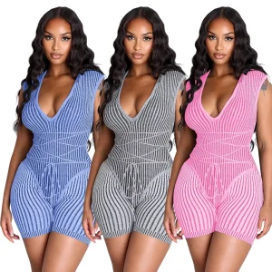 Women’s Sexy Fashion Casual Lace-up Knitted Jumpsuit Tie Front Bodycon One Piece Romper Street Wear Stretchy Playsuit