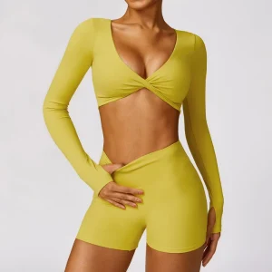 Women’s Sexy Gym Suit Brushed Nylon Front Twist Long Sleeve Fitness Crop Top and Scrunch Butt Shorts Set