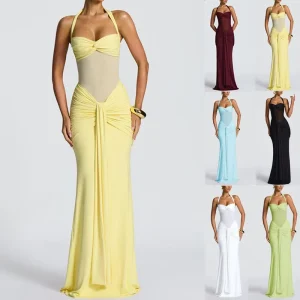 Women’s Sexy Halter Neck Maxi Dress Backless Bodycon Ruched Long Dress Front Drape Evening Party Club Gowns Multi Color