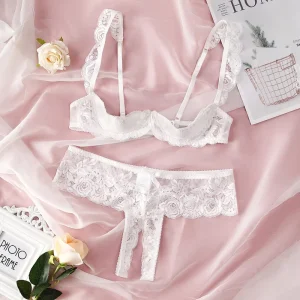 Women’s Sexy Lace Sequined Firm Control Half Bra Panties Lingerie Underwear Set with Hole Detail