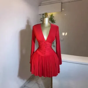 Women’s Sexy Long Sleeved Woven A Line Casual Party Dress V neck Empire Waist Regular Fit Solid Color Pleated Short Skirt