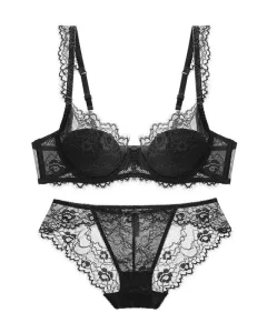 Women’s Sexy Low-Rise Floral Lace Underwire Bra and Panties Set with Thongs Light Padded Minimizer for Custom