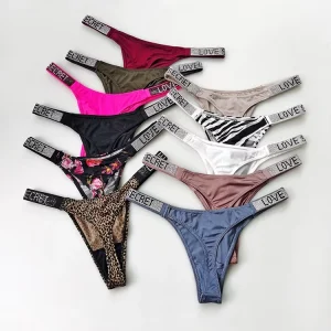 Women’s Sexy Low Rise Underwear New Colors Love Secret Letter Shiny Diamond Thread Tanga Rhinestone Belt Plain Dyed Technique