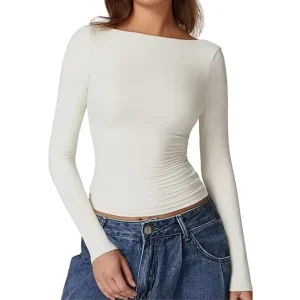 Women’s Sexy Open Back Long Sleeve High Neck Double Lined Fitted Going Out Tops