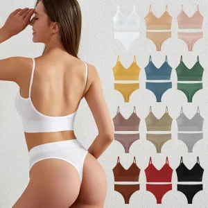 Women’s Sexy Push Up Padded Triangle Bras Solid Wire Free Seamless Bra Thong Low Rise Panties Underwear Set with Removable Cups