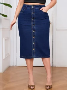 Women’s Sexy Regular Fit A-Line Midi Skirt Washed Denim Casual Style Button Solid Color Autumn Bodycon Skirt Fashion Waist