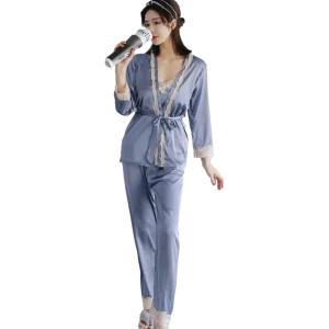 Women’s Sexy Sleepwear Ladies Soft Silk Satin Pajamas Set Lace Camisole 3 Pieces Suit Top Long Lounge Pants Pajamas Sleepwear