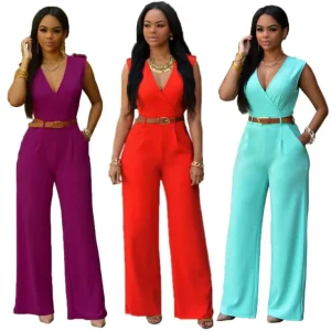 Women’s Sexy Sleeveless Rompers High Waist V Neck Jumpsuits With Belted Women Wide Leg Jumpsuit