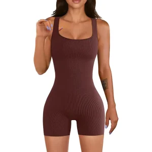 Women’s Sexy Solid Neck High Waist Jumpsuit Short Rompers Yoga Workout Gym Jumpsuits