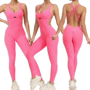Women’s Sexy Sport Gym Fitness Summer Hollow Sleeveless Elegant Yoga Jumpsuit Solid Bodycon Romper Backless Fashion Streetwear