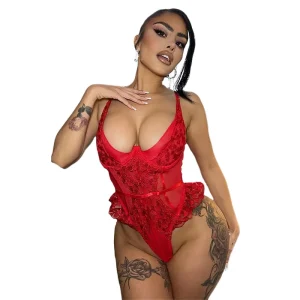 Women’s Sexy Transparent Lace Woven Bodysuit Underwear Embroidery Light Breathable Quick Drying Thin 2 Piece