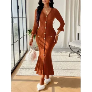 Women’s Sexy V Neck Flared Sleeve Dress Button Placket Knit Slim Dress Elegant Long Sweater Dress Free Size