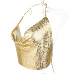 Women’s Sexy V Neck Sequined Bikini Crystal Body Chain Vest Bra Custom Size Stainless Steel Nightclub Backless Frontless Design
