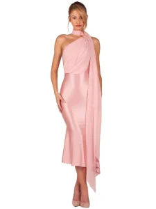 Women’s Sexy and Form fitting Collar neck High stretch Satin Midi Dress with Pleated Back Skirt Garment Dyed Party and Day Wear