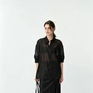 Women’s Sheer Textured Button-Down Shirt Loose Long Sleeve Blouse for Summer Lightweight See-Through Casual Top in Polyester