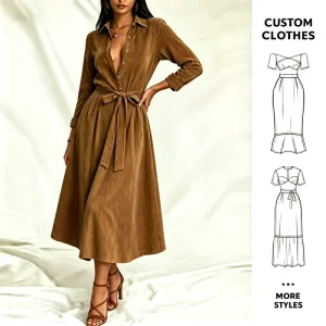 Women’s Shirt Dress Long Sleeve Button Down Belted Midi Dress Professional Apparel Factory
