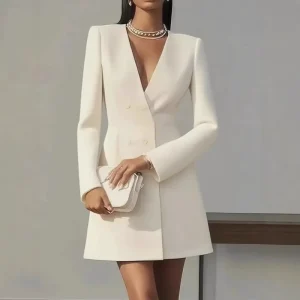 Women’s Short Blazer Long Sleeve Double breasted Solid Color V neck Suit Lady Dress