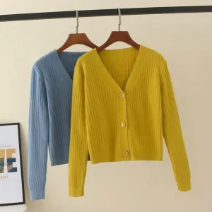 Women’s Short Cardigan Sweaters V-Neck Long Sleeve Thin Knitted Jacket Sweater Clothing