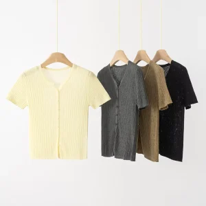 Women’s Short Casual Thin Knit T Shirt 58% Acrylic 26% Lyocell 16% Linen Blend Breathable Cool Summer Top OEM