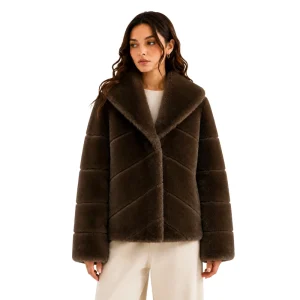 Women’s Short Chevron Quilted Faux Fur Coat with Big Shawl Collar OEM ODM Custom Luxury Winter Fur Jacket Low MOQ