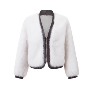 Women’s Short Coat 100% Polyester Mink Faux Fur Texture Eco Friendly Leather like Design with Zipper Closure
