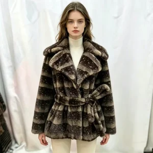 Women’s Short Faux Fur Coat with Polka Dot and Striped Collar Fluffy Eco Friendly Windproof Short Jacket