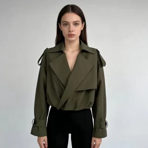 Women’s Short Length Lapel Collar Trench Coat Custom V Neck Trench Coat Jacket