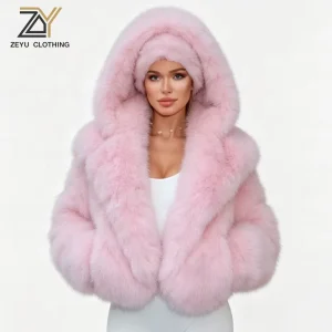 Women’s Short Pink Faux Fox Fur Coat Hooded Winter Warm Thick Fluffy Artificial Fur Jacket Ladies’ Fashion Winter Coat