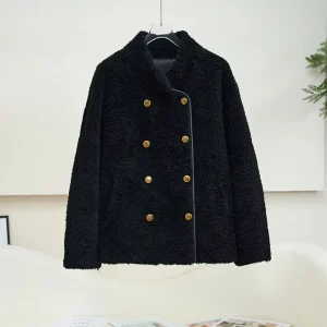 Women’s Short Sheep Shearling Coat with Double Breasted Lady Lamb Fur Warm Jacket JT617