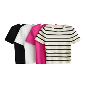 Women’s Short Sleeve Ice Silk Knitted Top Vintage Pullovers in Casual Striped Style