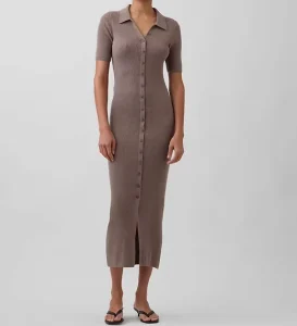 Women’s Short Sleeve Knit Polo Dress Ribbed Bodycon Button Down Sweater Dress Casual Summer Midi Dress