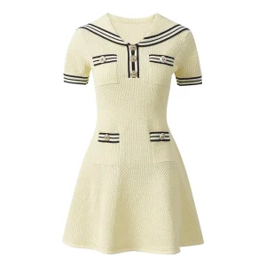 Women’s Short Sleeve Mini Sweater Dress Striped Turn Down Collar White Summer Fashion Casual Knitted Female Vestidos