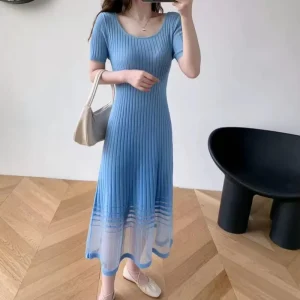 Women’s Short Sleeve Slim Fit Figure Lifting Summer Striped A Line Collarbone High Waist O Neck Midi Dress