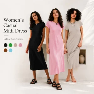 Women’s Short Sleeve T shirt Dress Casual Round Neck Slim Fit Midi Dress for Summer Daily Wear