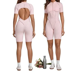 Women’s Short Sleeve Zipper Front Yoga Jumpsuit Hollow Back Fitness Romper Shaping Gym Workout Wear