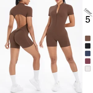 Women’s Short Sleeve Zipper Yoga Bodysuit Custom Logo Quick Dry Bodycon Scrunch Butt V Waist Gym Fitness Active Sport Jumpsuit