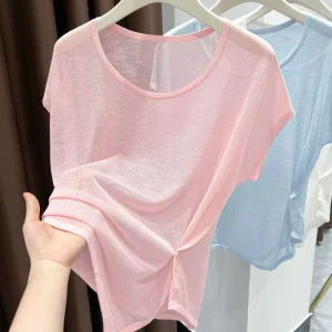 Women’s Short Sleeved Thin Knit Cardigan Round Neck See Through Sun protection Cut Top Summer Commuting Vacation