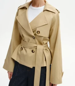 Women’s Short Trench Coat Double Breasted Belted Waist Windbreaker Jacket Autumn Winter Streetwear Office Commuting Outerwear