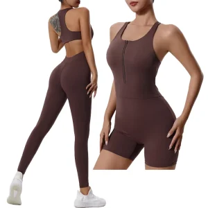 Women’s Short Yoga Jumpsuit Front Zipper Open Back Fitness Romper Racerback Sleeveless Activewear Bodysuit Spandex Nylon
