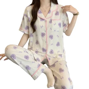 Women’s Short sleeve Pajamas With Long Pants Stylish Casual Korean style Lightweight Summer Loungewear