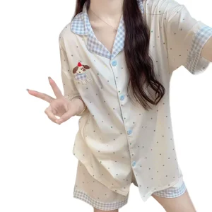 Women’s Short sleeve Silk blend Nightgown With Fashionable Cartoon Puppy Print Loungewear