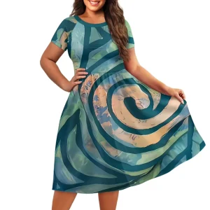 Women’s Short-sleeved Wide Crew-neck Dress Print Hawaiian Tropical Style Dress Prairie Chic