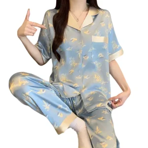 Women’s Silk like Summer Loungewear Set Short sleeve Top And Long Pants