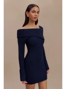 Women’s Simple Casual Off-Shoulder Sailor Collar A-Line Sweater Mini Dress