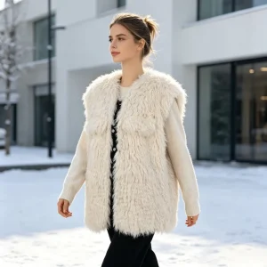 Women’s Simple Curly Wool Jacket Sleeveless Mid Length Thick Fleece Vest Customizable Colors and Sizes