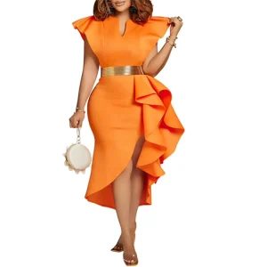 Women’s Simple Elegant Ruffled Asymmetrical Midi V-neck Party Casual Dresses