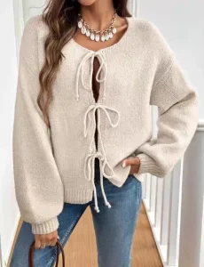 Women’s Simple Knitted Cardigan Comfortable and Loose Fit Knitted Drawstring Design Spring Casual Style Retro Top